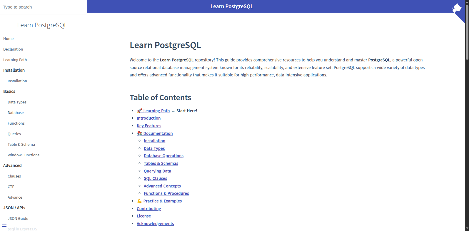 Learn PostgreSQL documentation interface